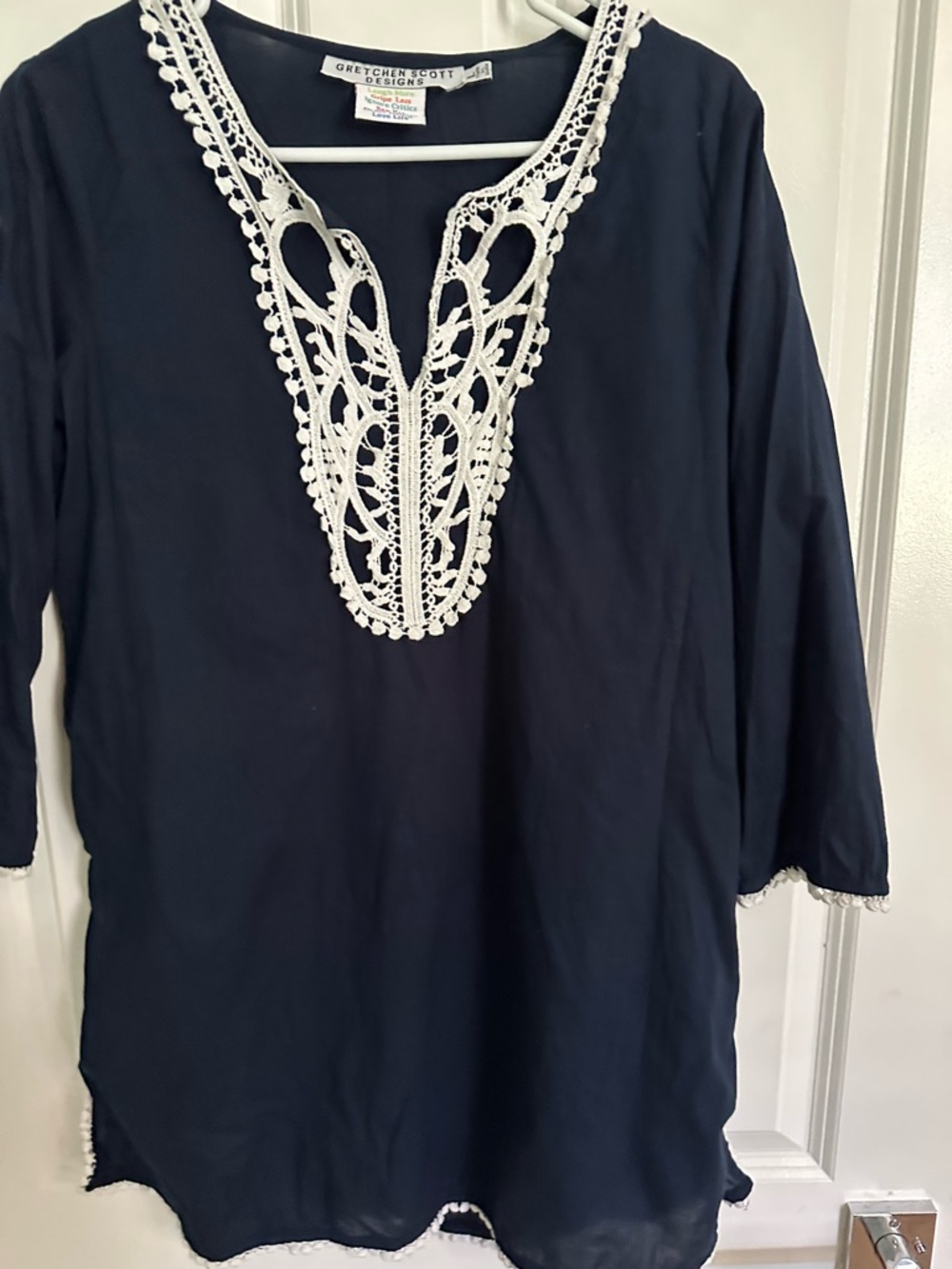 Gretchen Scott Designs Navy Tunic with White Crochet Neckline